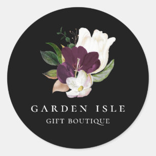 Elegant Ivory Purple Floral Bouquet Black Classic Round Sticker