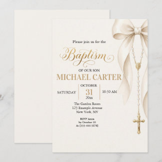 Elegant Ivory Ribbon Bow Rosary Baptism Invitation