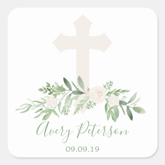Elegant Ivory Rose Cross Holy Communion Square Sticker (Front)