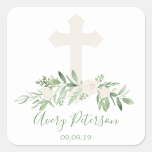 Elegant Ivory Rose Cross Holy Communion Square Sticker
