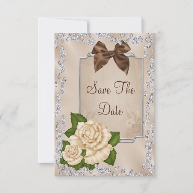 Elegant Ivory Roses & Bows 35th Save The Date (Front)
