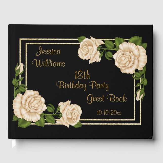 Elegant Ivory Roses & Gold Glitter 18th Birthday Guest Book (Front)