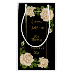 Elegant Ivory Roses & Gold Glitter 18th Birthday Small Gift Bag