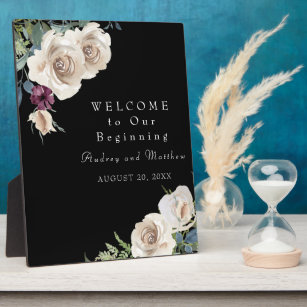 Elegant Ivory Roses on Black Welcome Sign          Plaque