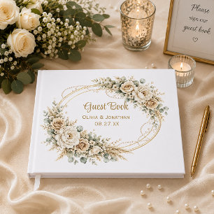 Elegant Ivory Roses Pearls Eucalyptus Wedding Guest Book