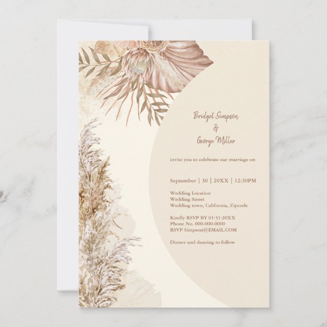 Elegant ivory rustic boho pampas grass wedding invitation (Front)