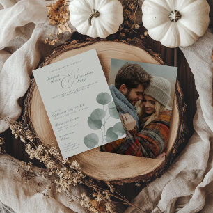 Elegant Ivory & Sage Fall Botanical Photo Wedding Invitation