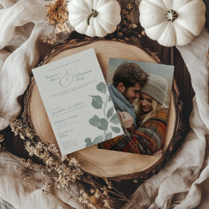 Elegant Ivory & Sage Fall Botanical Photo Wedding Invitation