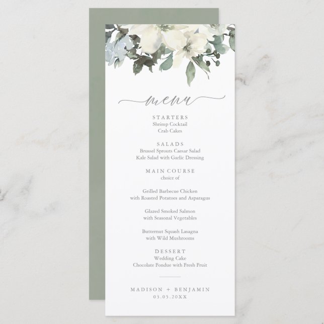 Elegant Ivory Sage Floral Greenery Wedding Menu (Front/Back)