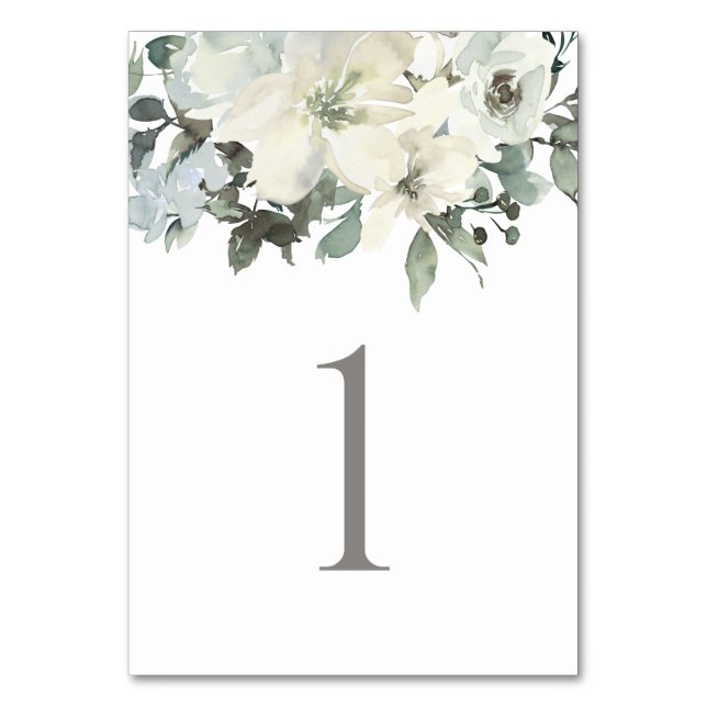 Elegant Ivory Sage  Floral Greenery Wedding Table Number (Front)
