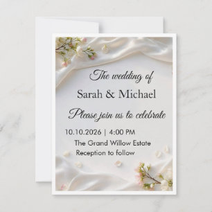Elegant Ivory Satin Floral Wedding Invitation Phot