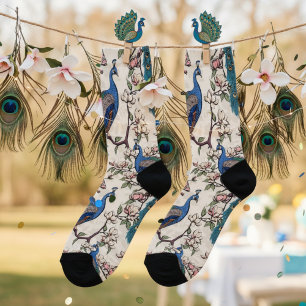 Elegant Ivory Teal Peacocks and Magnolia Flowers Socks