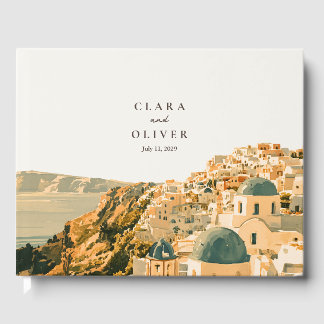 Elegant Ivory Teal Santorini Caldera Sea Wedding  Guest Book