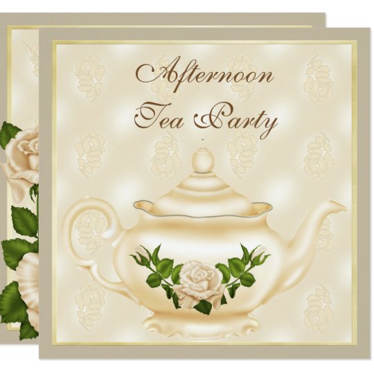 Elegant Ivory Teapot & Roses Afternoon Tea Invitation