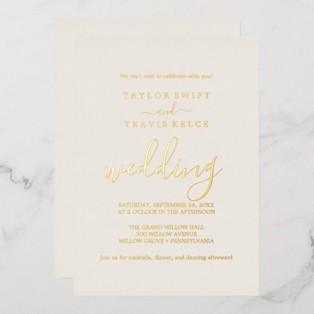 Elegant Ivory Wedding Invitation with Gold  (Front/Back)