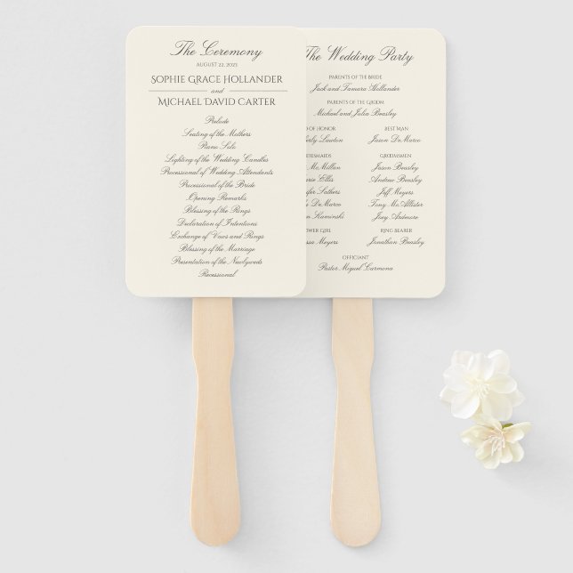Elegant Ivory Wedding Program Set of Fans (Front and Back)