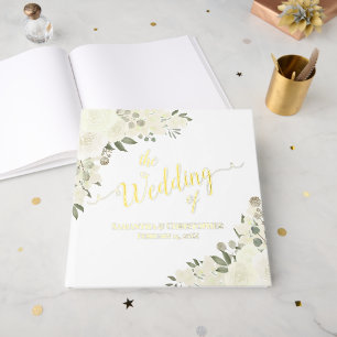Elegant Ivory White Boho Floral Foil Wedding Guest Book