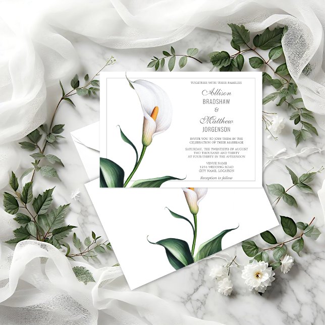 Elegant Ivory White Calla Lily Wedding Invitation (Elegant Ivory White Calla Lily wedding invitation front and back view.)