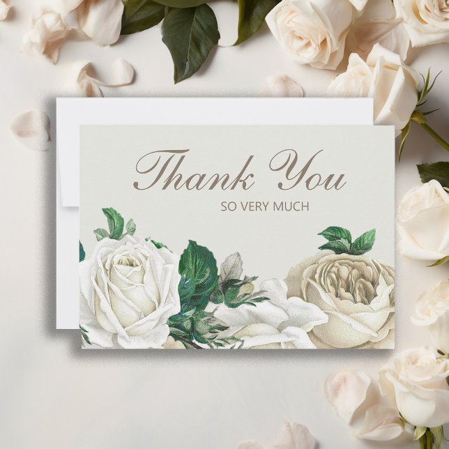 Elegant Ivory White Cream Roses Wedding Thank You (Elegant white roses and greenery wedding Thank You card)
