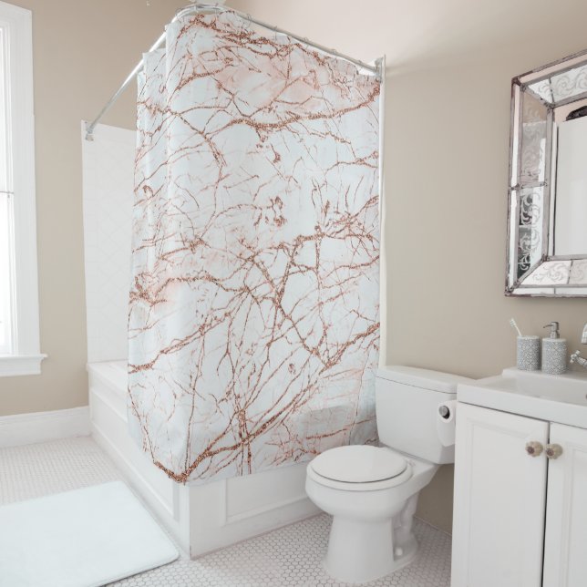 Elegant ivory white faux rose gold glitter marble shower curtain (In Situ)