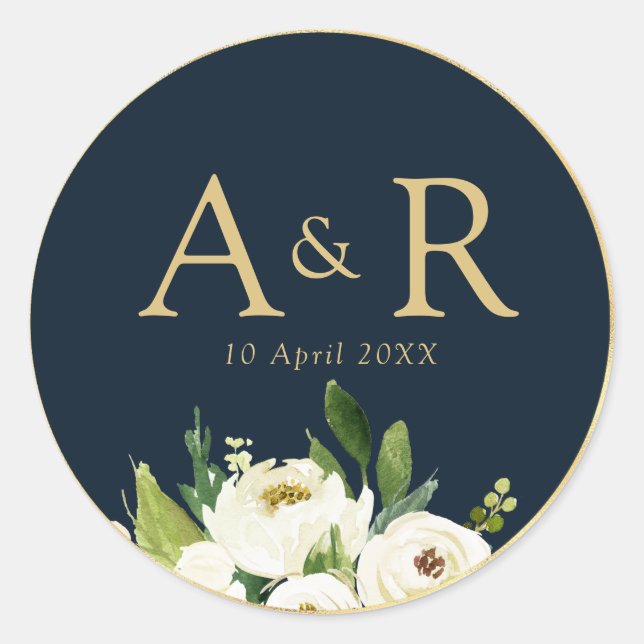 elegant ivory white floral navy wedding sticker (Front)