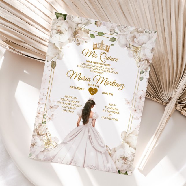 Elegant Ivory White Floral Spanish Girl Mis Quince Invitation (Creator Uploaded)