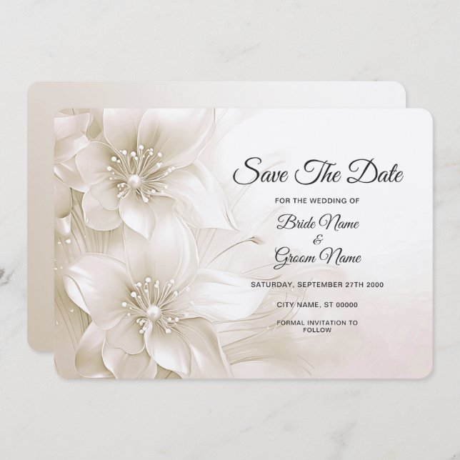 Elegant Ivory White Flowers Save The Date (Front/Back)