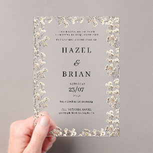 Elegant ivory white gypsophila floral Wedding Acrylic Invitations
