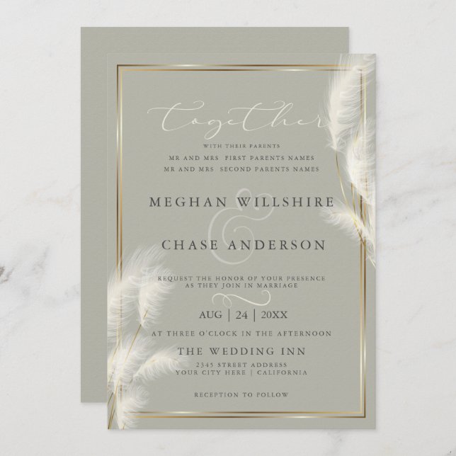 Elegant Ivory White Pampas Grass Pale Sage 2 Invitation (Front/Back)
