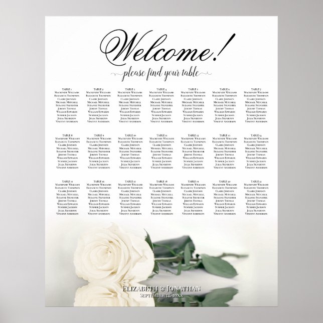 Elegant Ivory White Rose 21 Table Seating Chart (Front)