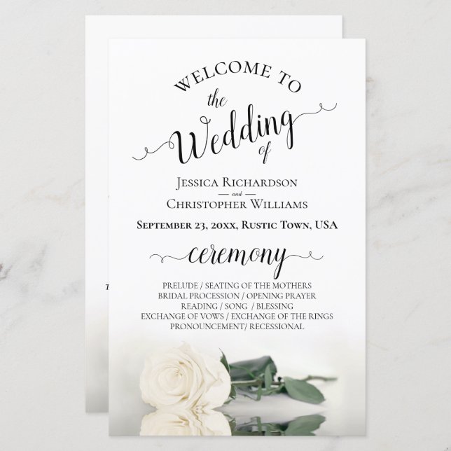 Elegant Ivory White Rose Budget Wedding Program (Front/Back)