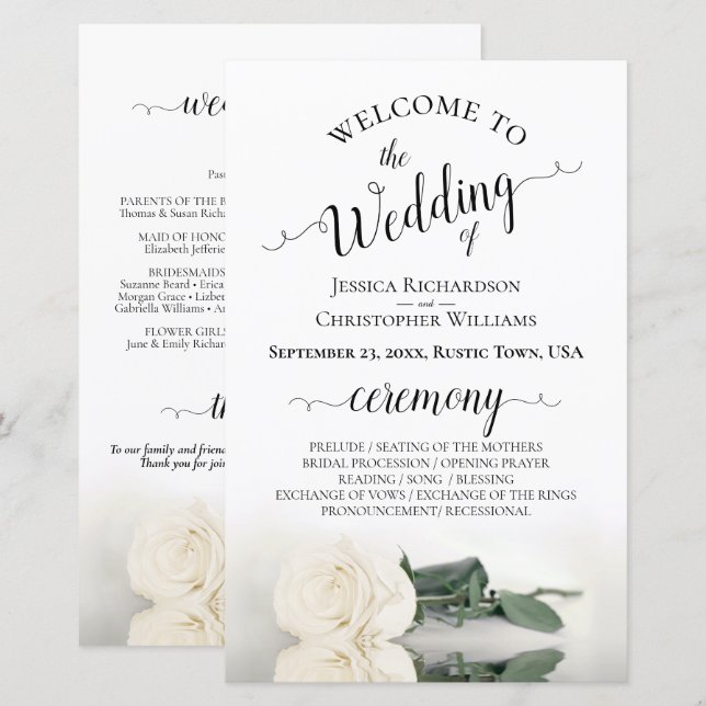 Elegant Ivory White Rose Budget Wedding Program (Front/Back)
