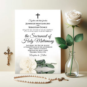 Elegant Ivory White Rose Modern Catholic Wedding Invitation