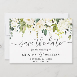 Elegant Ivory White Roses  Greenery Wedding Save The Date
