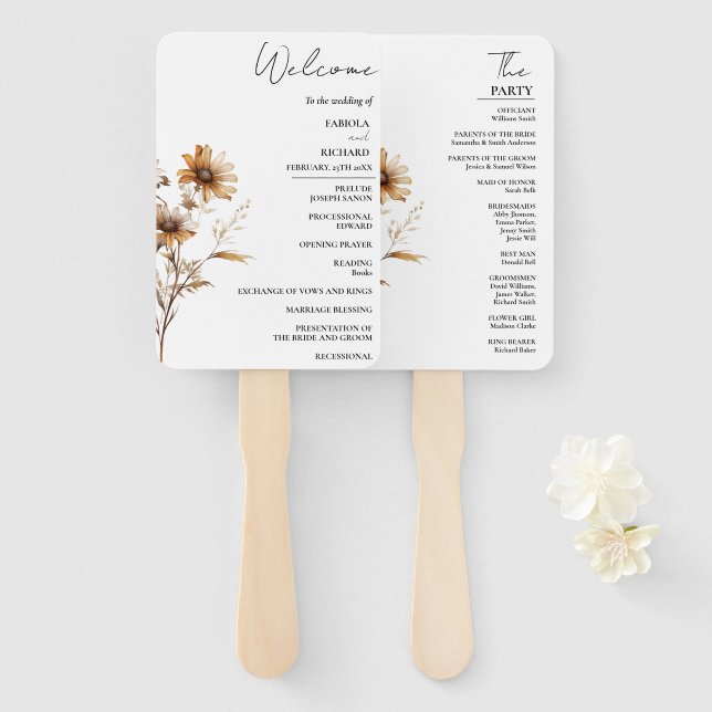 Elegant Ivory Wildflower Wedding Program Card Hand Fan (Front and Back)