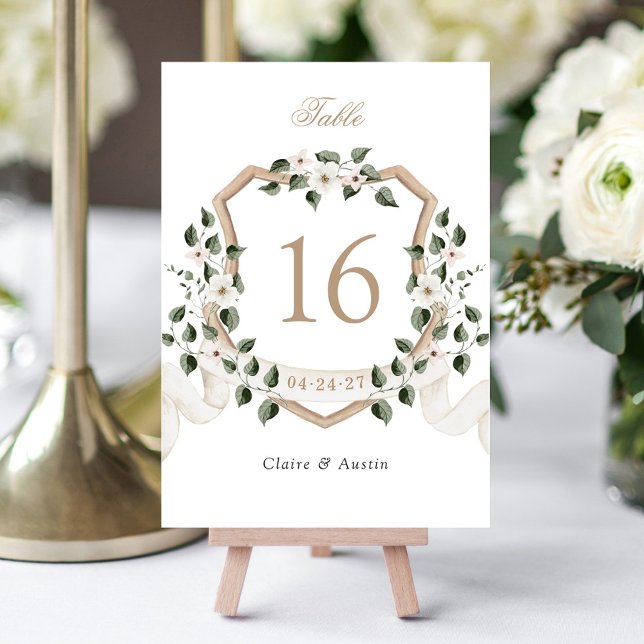 Elegant Ivy Greenery Floral White Crest Wedding Table Number (Creator Uploaded)