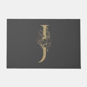 Elegant J Boho Floral Monogram Initial Grey Gold Doormat