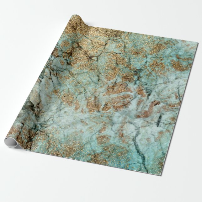 Elegant Jade and Faux Gold Glitter Marble Wrapping Paper (Unrolled)