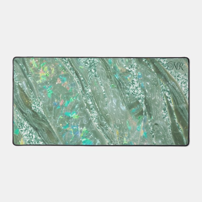 Elegant Jade Green Glitter Holographic Opal Marble Desk Mat (Front)