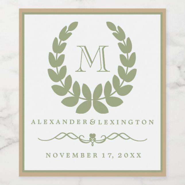 Elegant Jade Monogram Laurel Wreath Wedding Wine Label (Single Label)