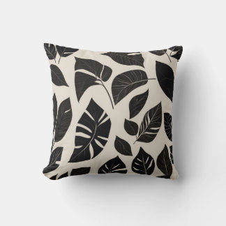 Elegant Japandi Pillow – Black Botanical Leaves on