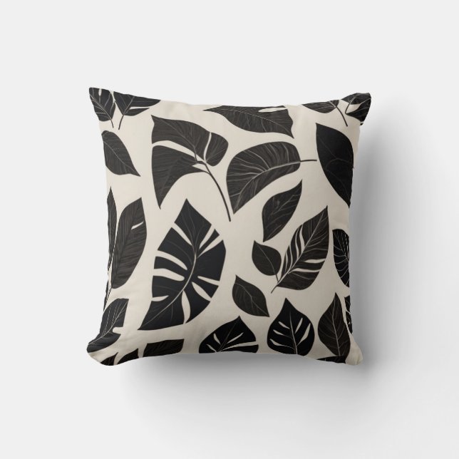 Elegant Japandi Pillow – Black Botanical Leaves on (Front)