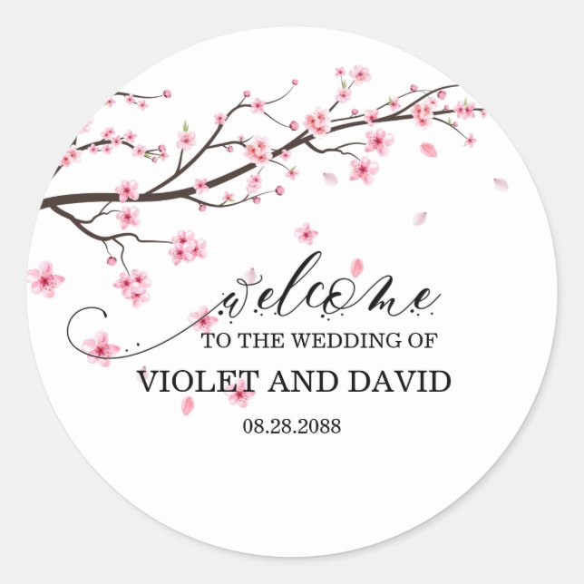 Elegant Japanese Cherry Blossom Wedding Classic Round Sticker (Front)
