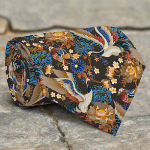 Elegant Japanese Crane And Blue Chrysanthemum Tie