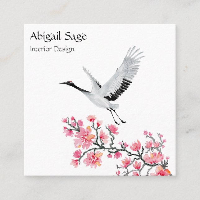 Elegant Japanese Crane and Cherry Blossom Square Business Card (Front)