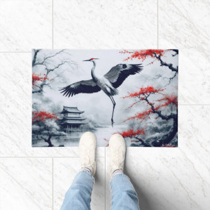 Elegant Japanese Crane In Japanese Garden Doormat
