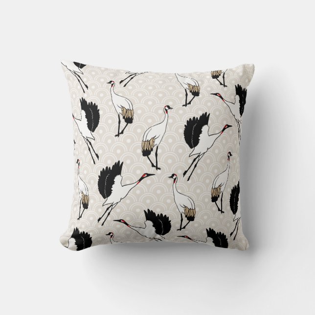 Elegant Japanese Cranes & Taupe Cushion (Front)