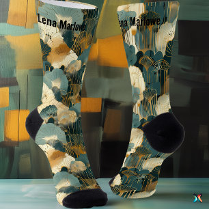 Elegant Japanese Fan in Gold and Teal personalised Socks