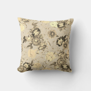 Elegant Japanese Morning Glory Cream Beige Floral Cushion