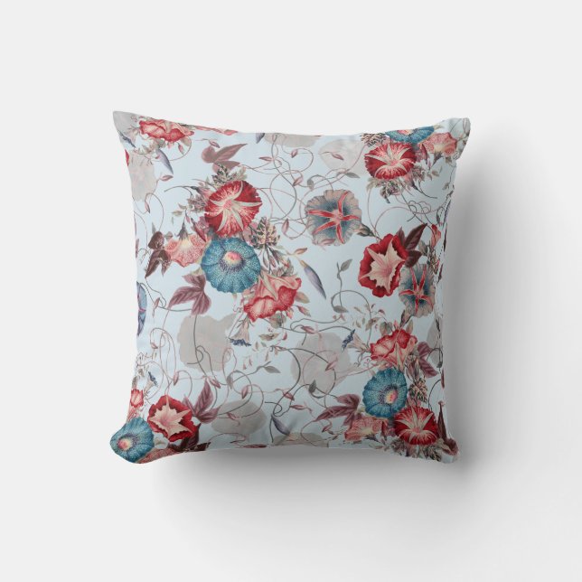 Elegant Japanese Morning Glory Red Blue Floral Cushion (Front)